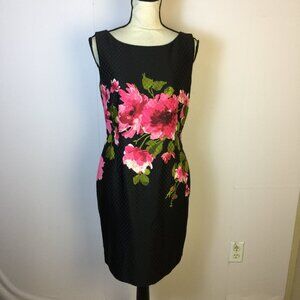 Tahari ASL Sheath Dress 6P Woman Petite Black Pink Floral Print Sleeveless Lined